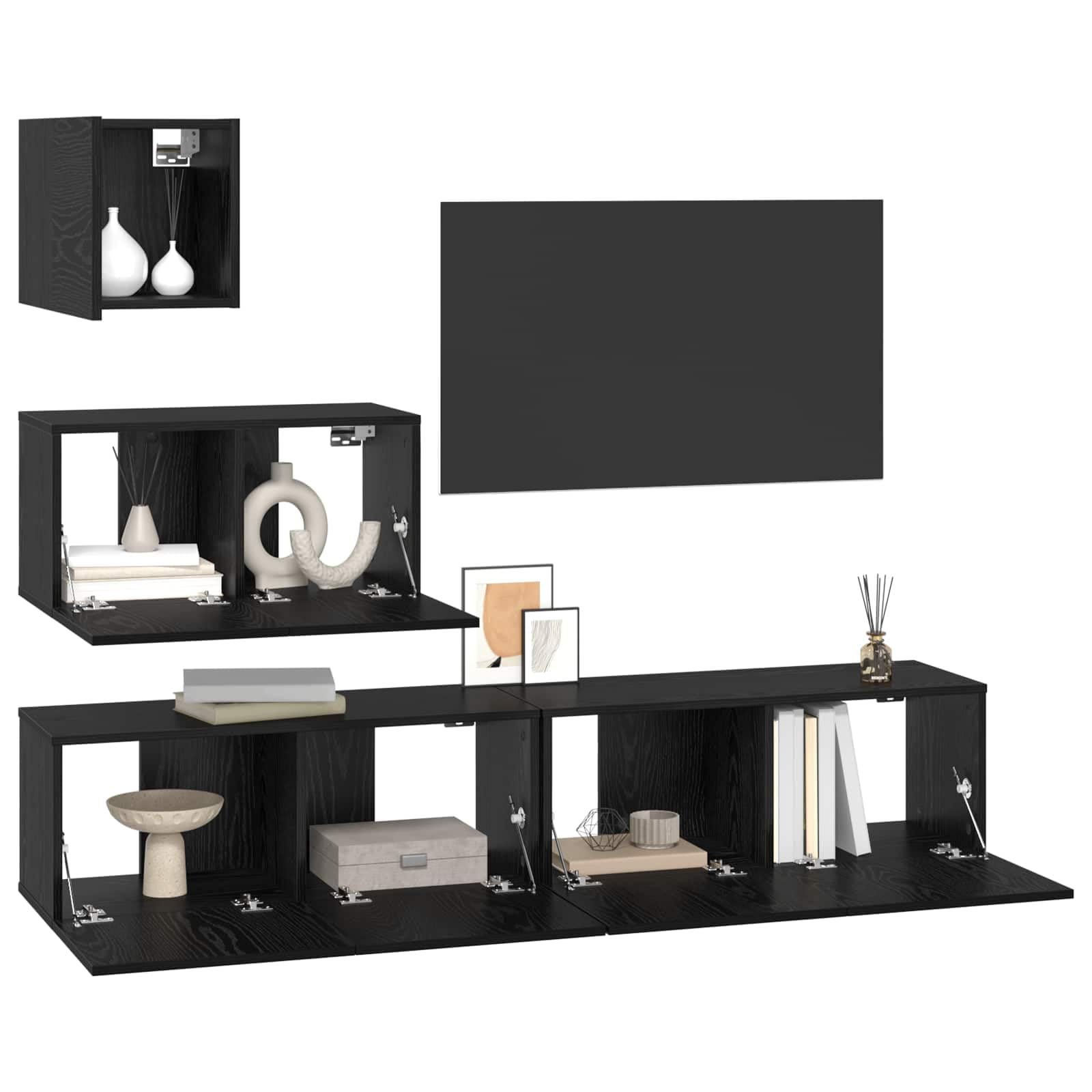 Juego de 3 muebles de TV colgantes, mueble bajo con aspecto de roble negro, tablero de TV montado en la pared de madera para el salón