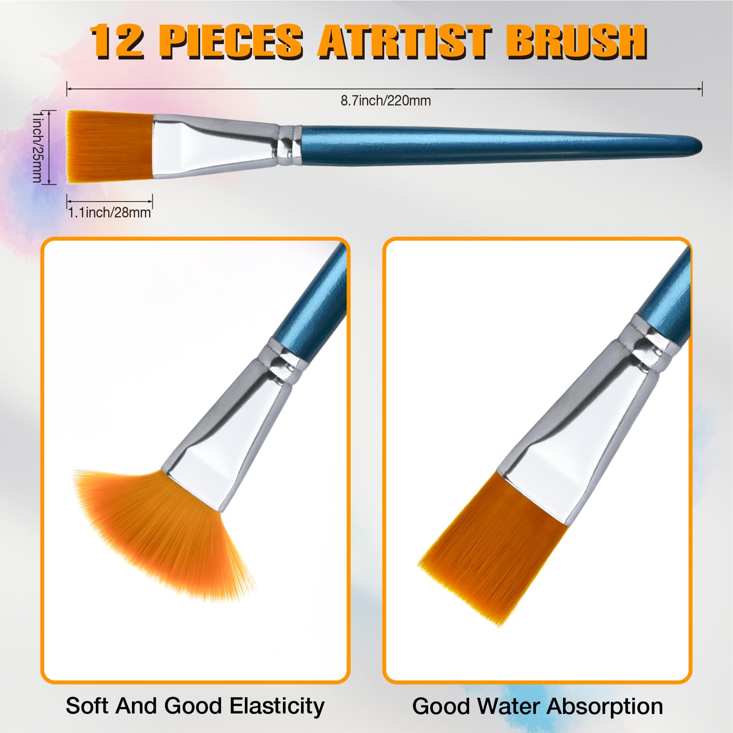 12 Pennelli Piatti 2,5 Cm Per Pittura Acrilica - Set Con Manico In Legno, Setole In Nylon, Per Acquerello, Olio, Body Art