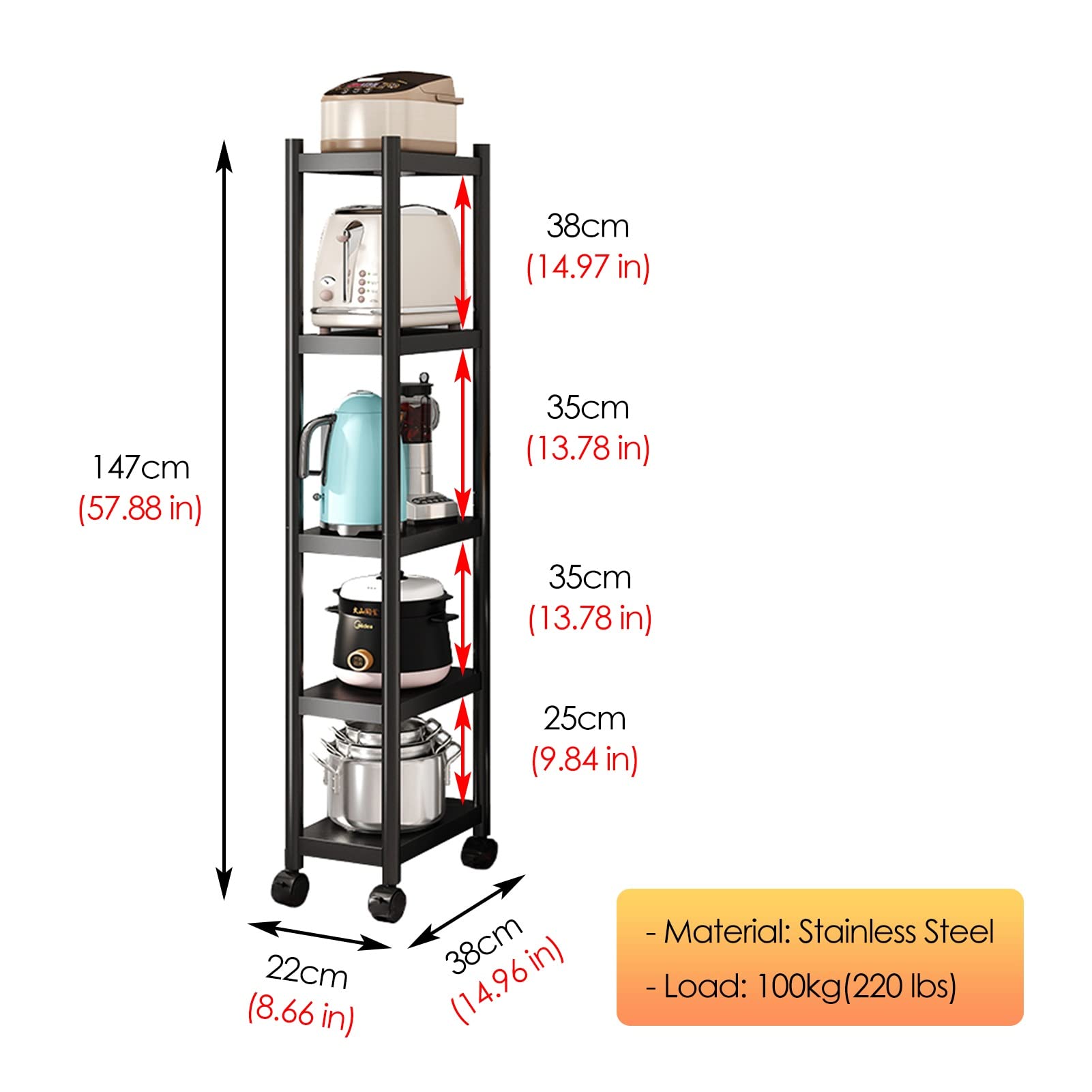 Scaffale da cucina largo 22 cm con ruote, carrello portaoggetti da bagno alto e sottile, scaffali in metallo per spazi stretti (Colore : Nero)