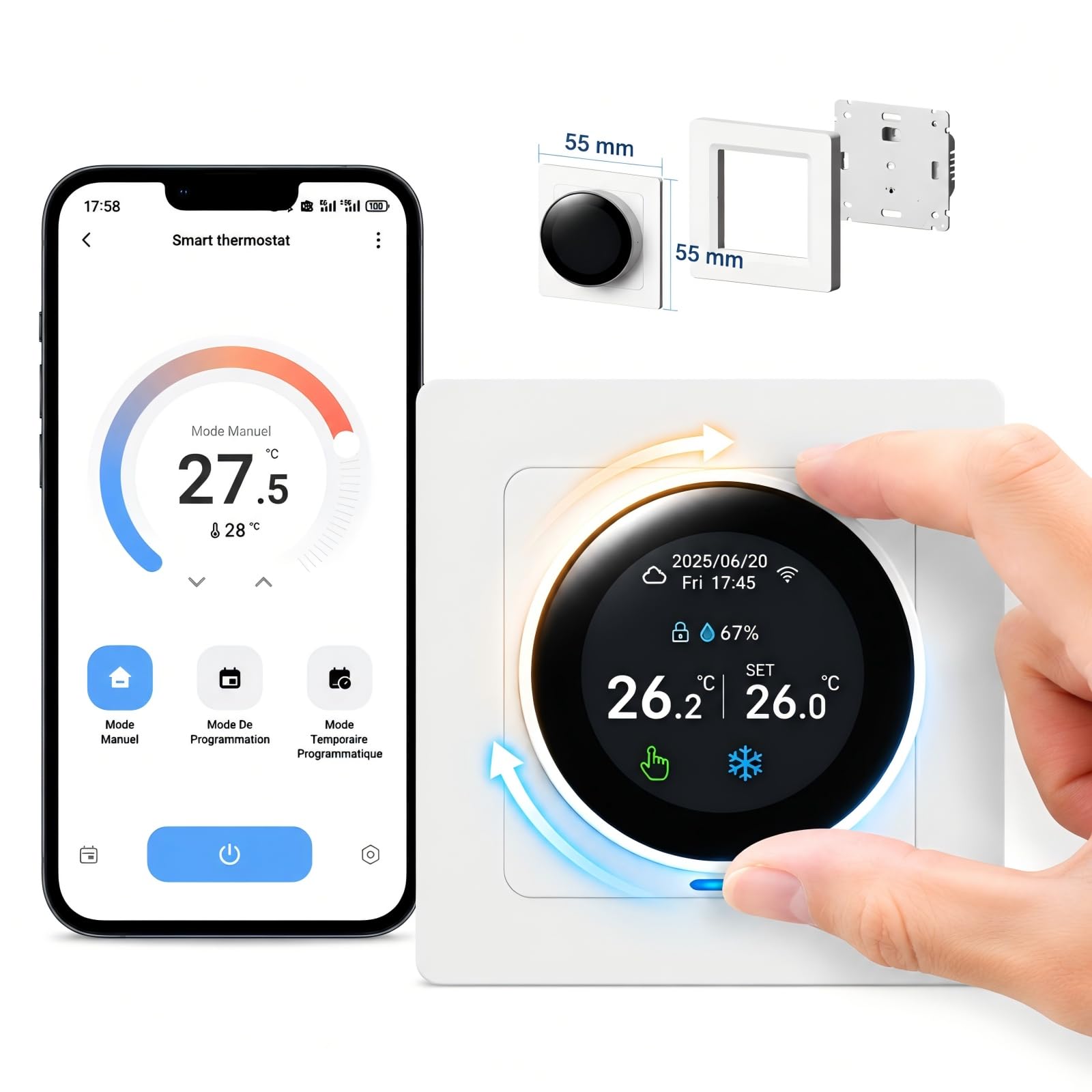 Thermostat Connecté Chaudiere Gaz WiFi Régulateur Température à Rotatif 3A | Intelligent Thermostats D'ambiance Mural Programmable Digital Compatible avec Alexa Google Home Tuya Smart Life,Écran Couleur