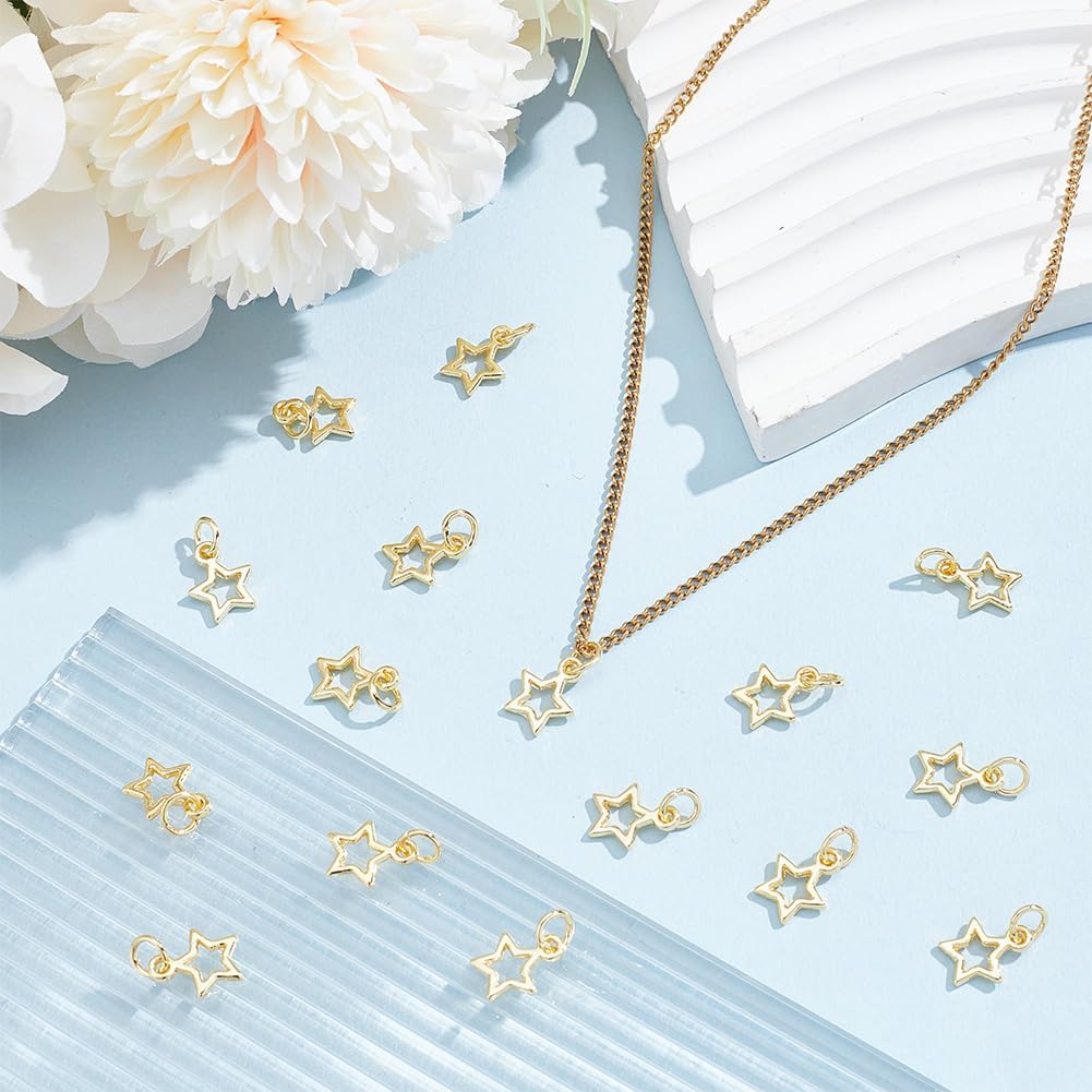 Beebeecraft 1 Box 40Pcs Golden Star Charms Bulk Real 18K Gold Plated Brass Tibetan Metal Hollow Pentagram Small Dangle Charm with Jump Ring for Jewelry Making Pendant DIY Earring Crafts Accessories