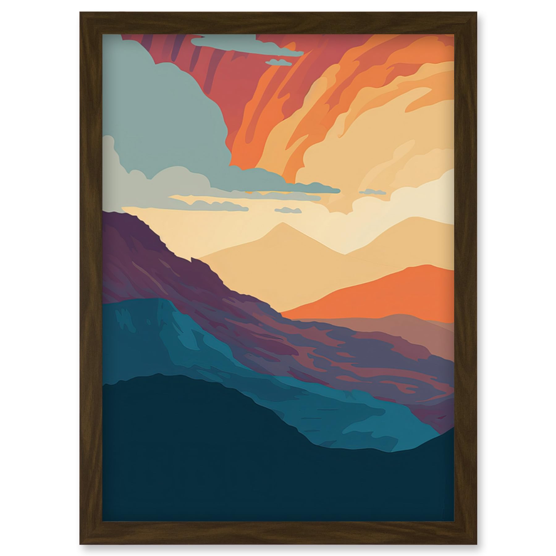 Artery8 Atmospheric Sunset Sky Serene Mountain Landscape Artwork Framed Wall Art Print A4