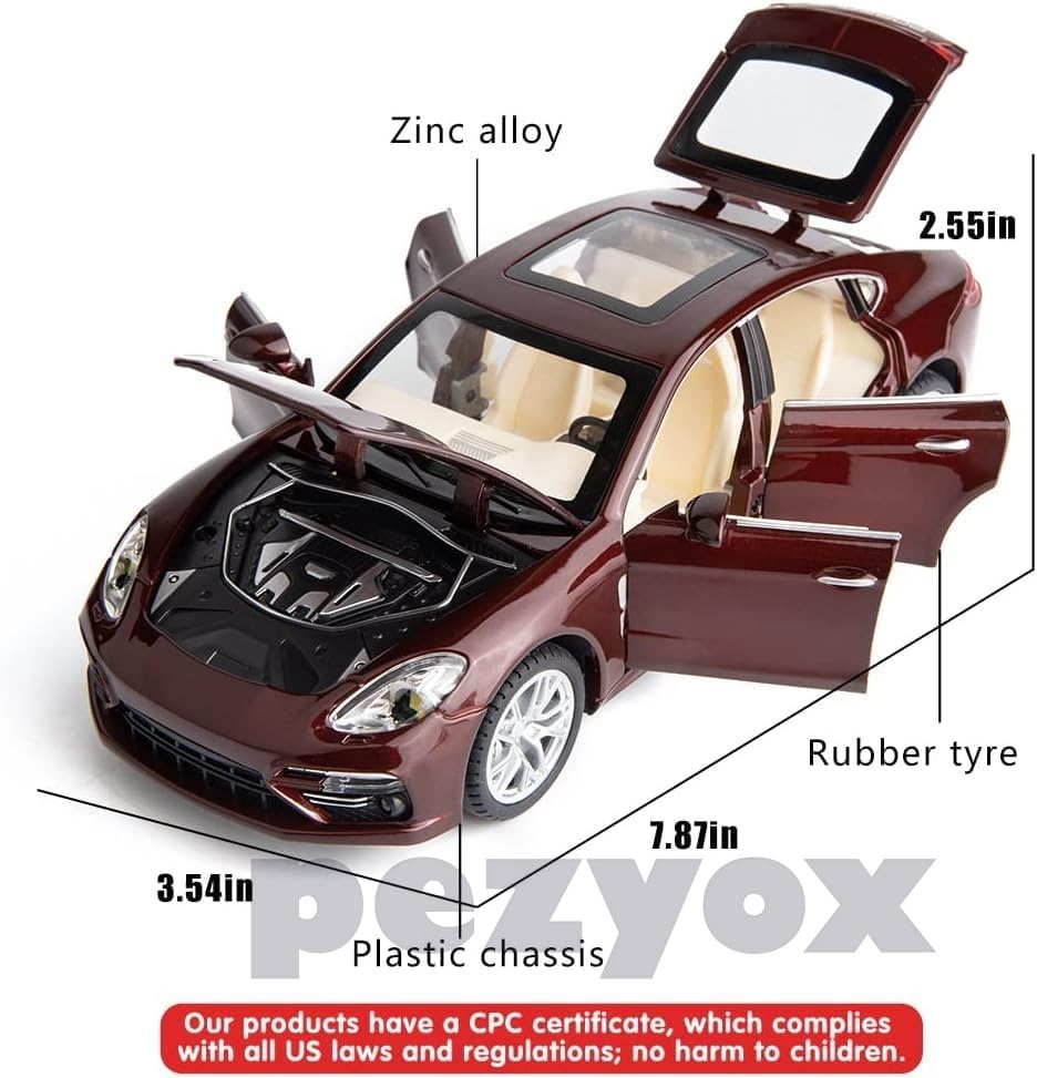 Image of 1:24 Porsche Panamera Diecast Metal Pullback Openable Doors Toy Cars with Flashing Light and Musical Sound for Gifts Toys for Kid (Red)