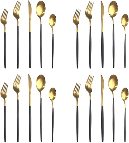 Juego de cubiertos de 20 piezas, cubiertos de acero inoxidable negro y dorado con cuchara y tenedor para el hogar, cocina, restaurante, cubiertos de