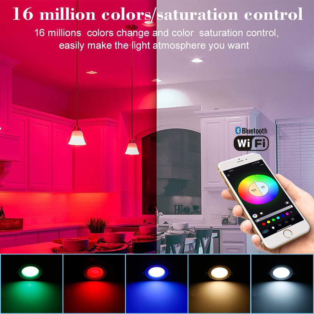 9W Wifi Foco Led Empotrable RGBWC Lámpara de techo con mando a distancia, Iluminación de techo empotrado Bluetooth para exposición, salón, cocina, ktv, bares (10 Pieces)