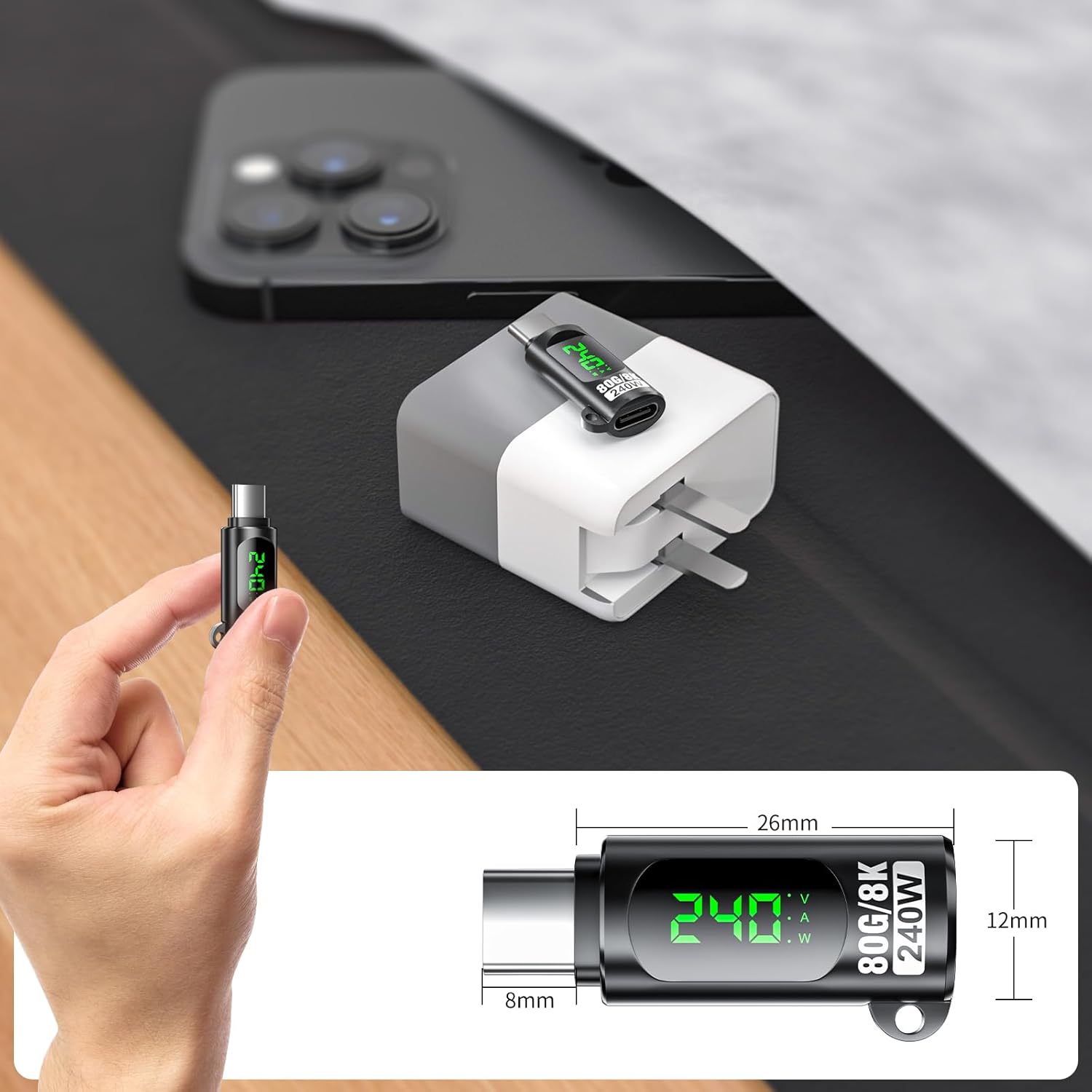 240W USB C Adapter Power Meter Tester (3 Pack) - Voltage Current Power LED Digital Display, Type C Male to Female Extension Connector for 1Phone 15/16, MacBook, iPad & More USBC Cables/Devices