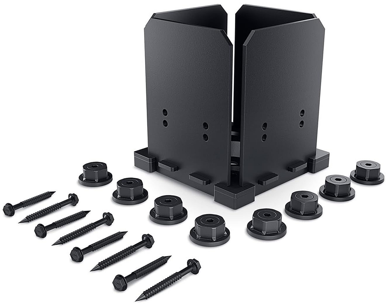 Ozco Ironwood 6x6 Post Base Kit, Includes 1 Post Base Plate, 4 Decorative Plates, 8 Hex Cap Nuts, OWT Timber Screws, Galvanized Steel for Pergolas | 56638