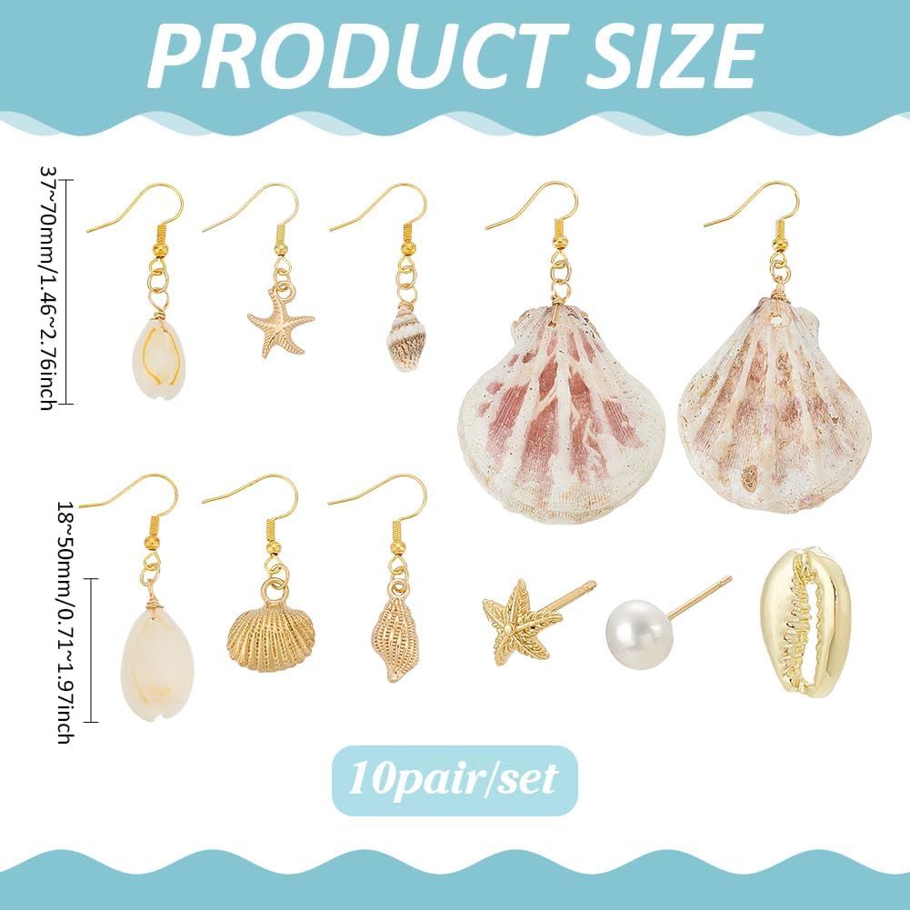 PH PandaHall 10 Pairs Shell Earrings Ocean Jewellery Beach Jewellery Summer Earrings for Women Vacation Shell Starfish Pearl Ear Studs Summer Themed Pendant Earrings 1.4~2.7 Inch - Image 4