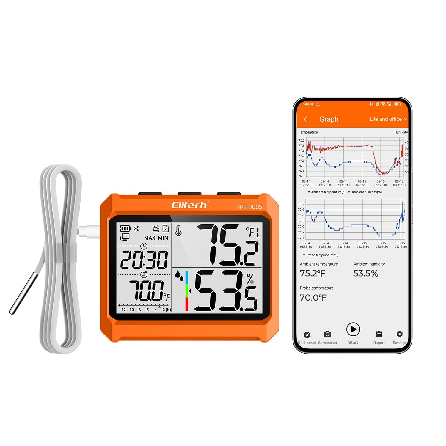 Elitech Termómetro Higrómetro Digital Bluetooth Refrigerador con Aplicación Monitor de Temperatura y Humedad en Tiempo Real con Pantalla de 4,5" Exportación de datos PDF&CSV Sonda Externa IPT-100S