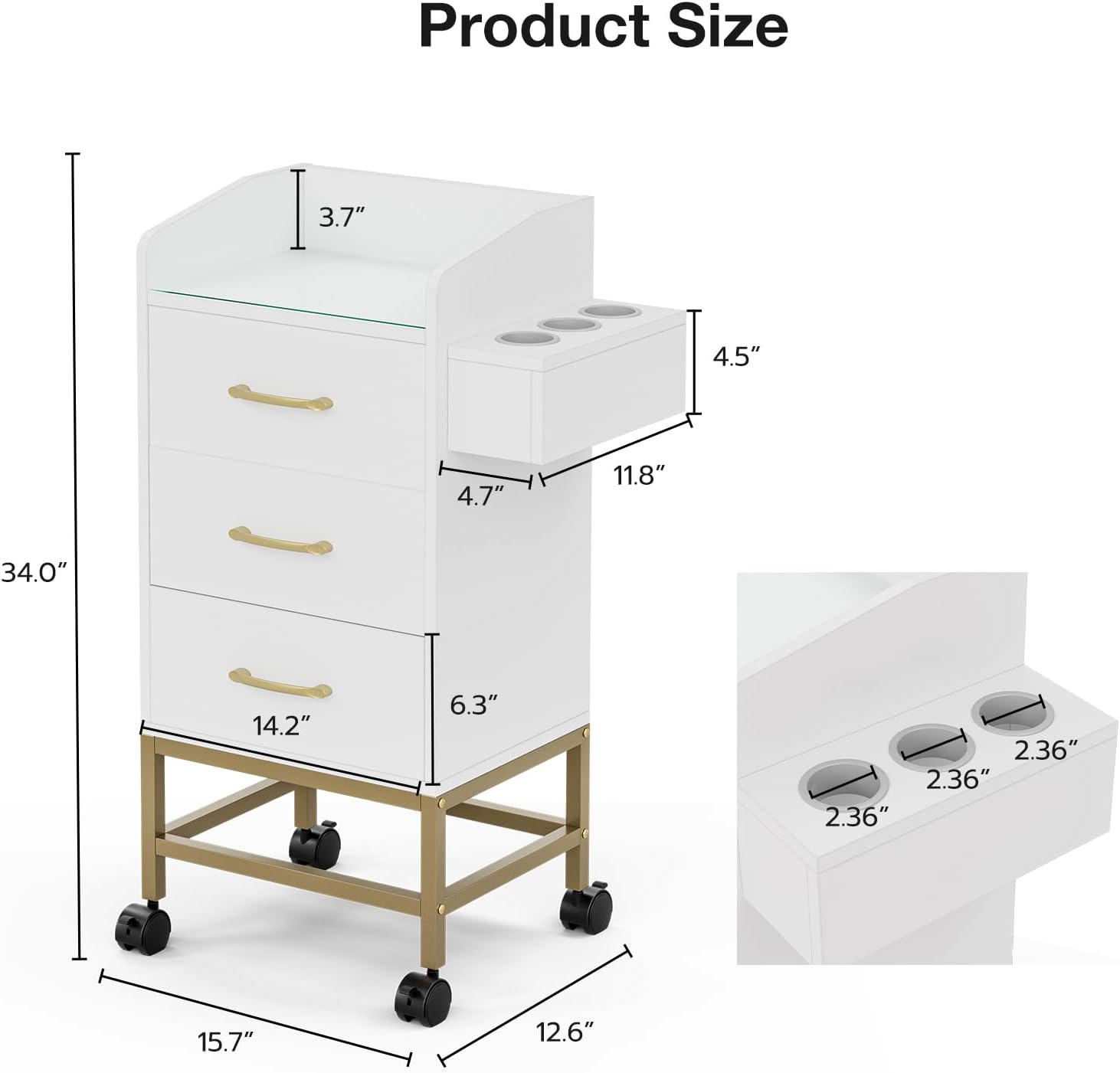 Beauty Salon Storage Trolley Cart, Mobile Hair Salon Station Hairdressing Tools Organizer Cabinet with 3 Drawers, Hair Dryer Holders and Lockable Rolling Wheels (White Gold)