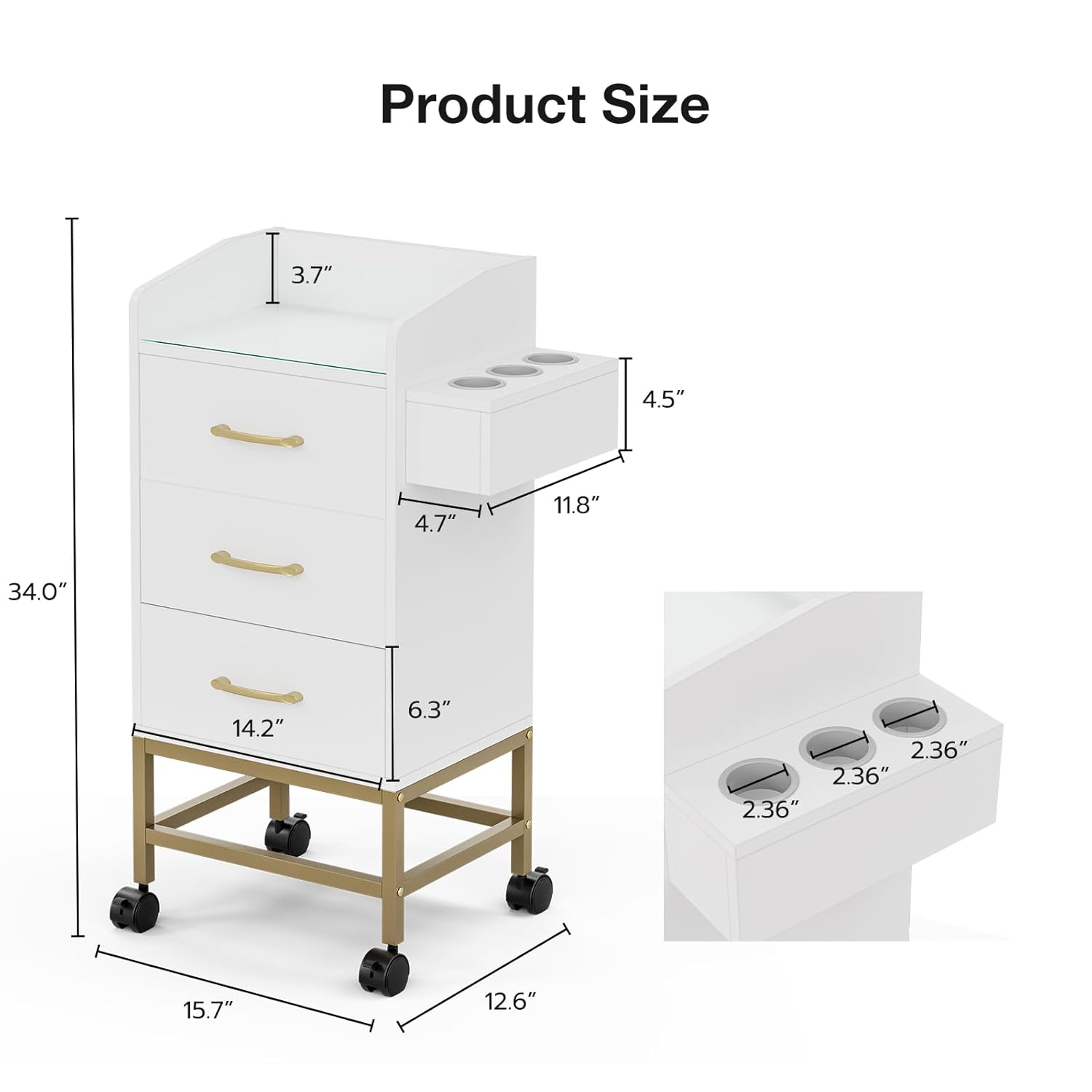 Salon Station for Hair Stylist, White Beauty Barber Storage Systems on 4 Lockable Wheels, Modern Salon Workstation, Rolling Beauty Cabinet Cart with 3 Drawers and 3 Hair Dryer Holders