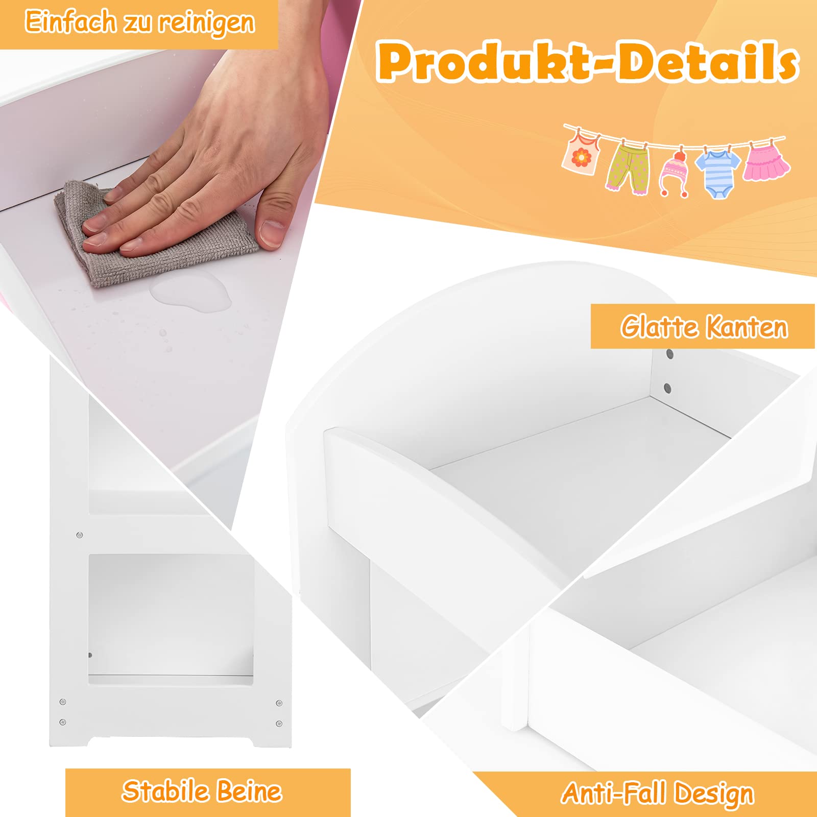 DREAMADE Kinderkleiderschrank mit Spiegel und Kleiderstange, Kinder Kleiderschrank Kinderregal mit 4 offener Ablagen, Kinder Kleiderständer für Kinderzimmer, 93,5x38x100cm (Weiß)