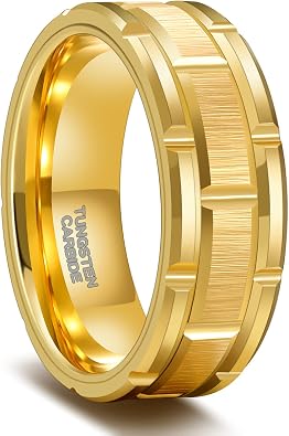 Greenpod 8mm Tungsten Carbide Rings for Men Black/Silver/24K Gold Plated Brick Pattern Grooved Brushed Wedding Band Comfort Fit Size 7-13