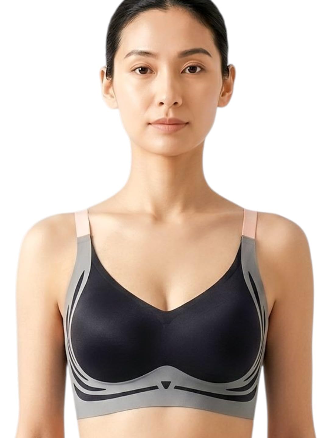 caredone Women's Seamless Sports Bra, Wireless, V-Neck, Black and Grey, Workout Activewear.-picture-14