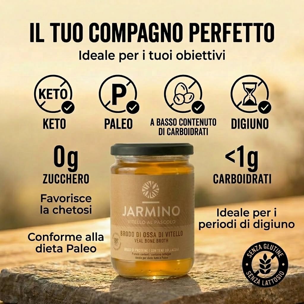JARMINO brodo biologico di ossa di vitello (6x 350ml) | collagene naturale e acido ialuronico | organico e puro | Bevanda salutare o come base per zuppe e salse