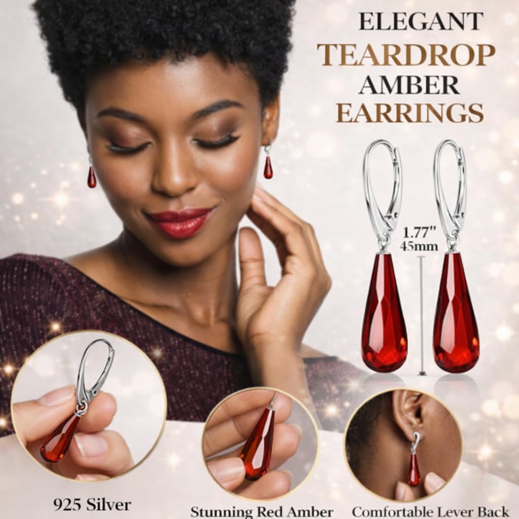Amber Earrings for Women - Statement Gemstone Jewelry, Gold Plated Sterling Silver Leverback, Dangle Semi Precious Stone Ladies Earrings, Elegant Gift for Her