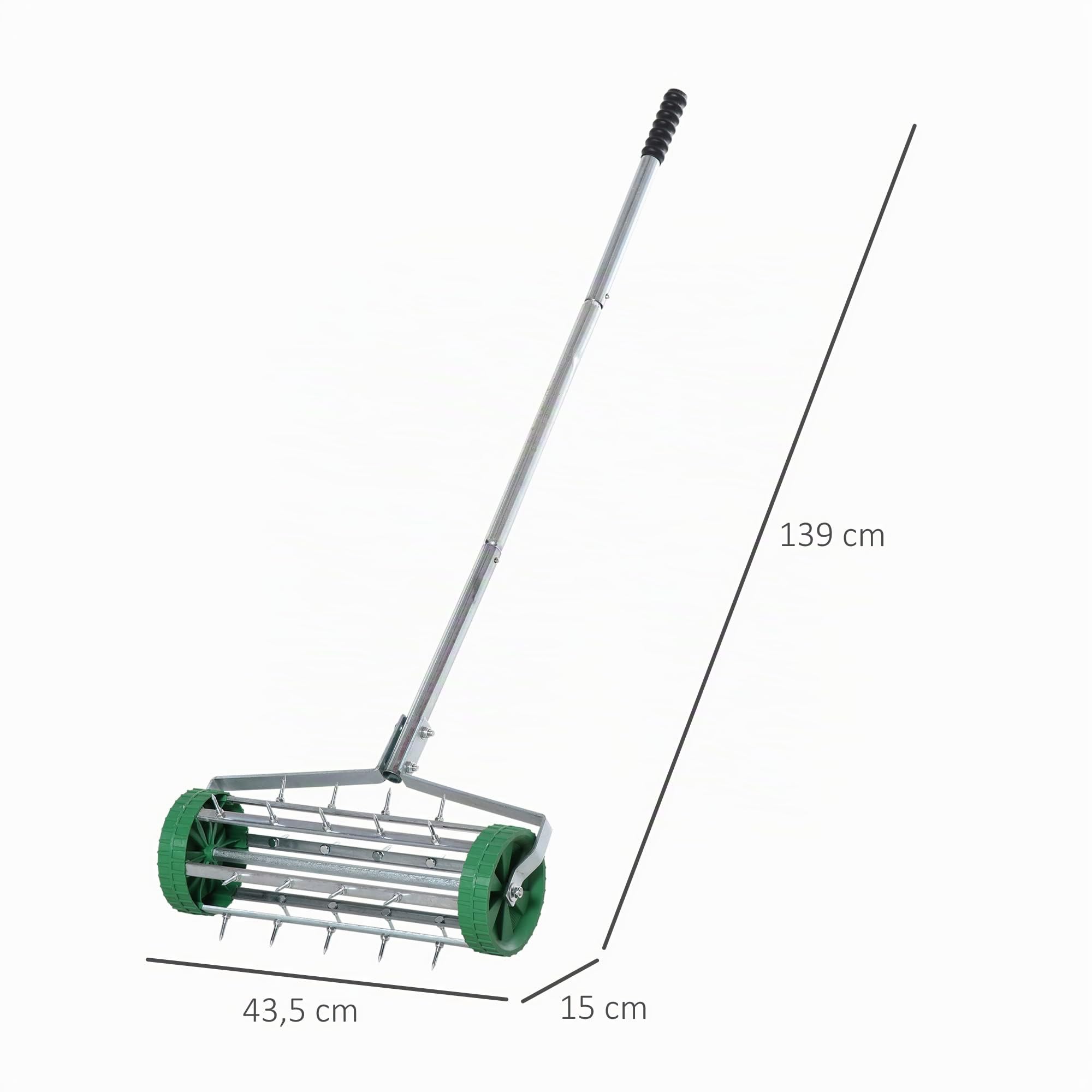 Outsunny Rasenlüfter Grifflänge einstellbar Handvertikutierer Rasenbelüften Stachelwalze Rasen rollender Rasenlüfter pflegen Garten verzinktes Rohr Grün+Silber 139 x 43,5 x 15 cm