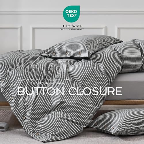 Image of JELLYMONI Cotton Duvet Cover Twin Size - Black Vertical Pinstriped Comforter Cover with Button 100% Washed Cotton 2PCS Breathable Soft Solid Bedding Set Duvet Cover 68x90in & 1 Pillowcase (NO Insert)