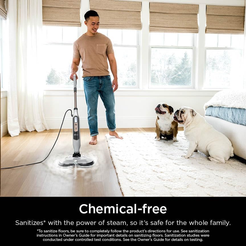 Shark S8201 mop cleaning a floor in a home with pets, emphasizing chemical-free cleaning