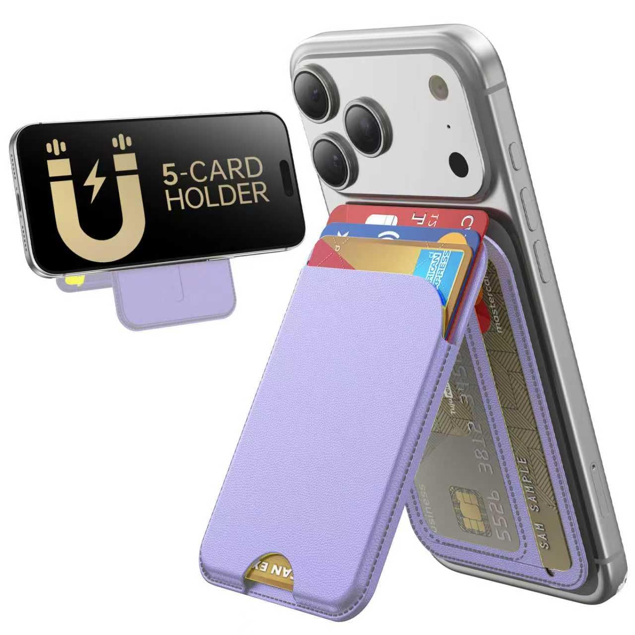 twzkg for magsafe wallet, 5 cards holder with stand, magnetic phone wallet stand for iphone 17/16/15/14/13/12 pro max air plus series, rfid blocking vegan leather,purple