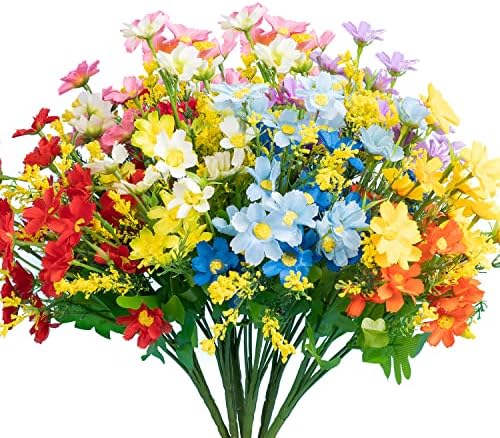 6 Bundles Artificial Fake Flowers for Decoration,Spring Summer Decoration UV Resistant No Fade Faux Plastic Fabric Fake Flowers for Kitchen Home Wedding Garden Décor(Mix Colors)