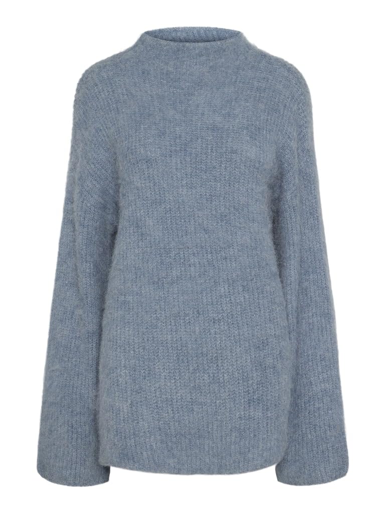 PIECES Women's Pcmala LS Highneck Knit Noos BC Knitted Jumper, Faded Denim, L