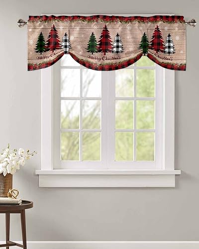 Miniatura 2 de Cenefas de ventana con diseño de árbol de Navidad, diseño de búfalo, para cocina, sala de estar, dormitorio, baño, lavable, copos de nieve rojos y