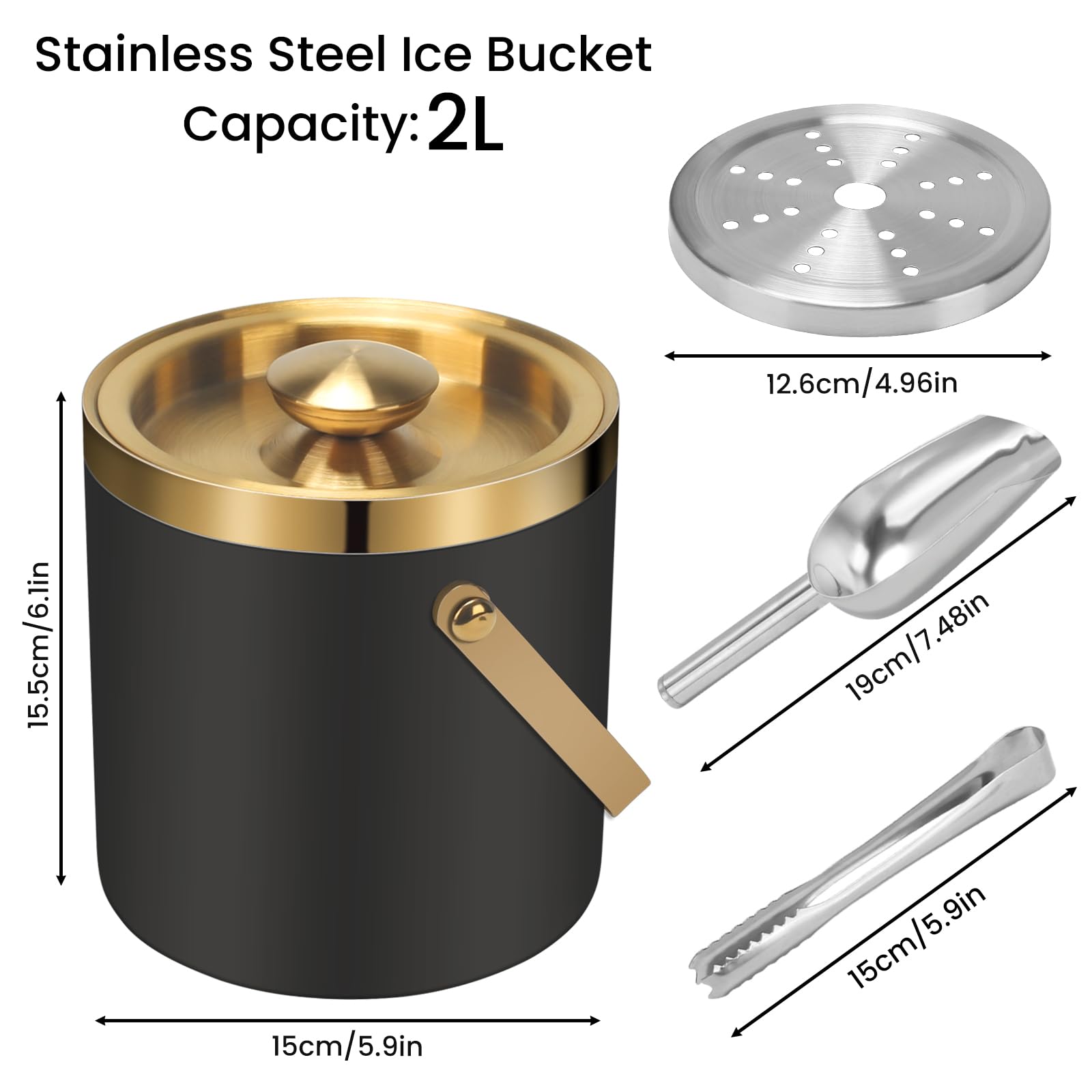 Seau à glace 2 L avec couvercle et pince, double paroi isotherme petit seau à glace | Seau à champagne en acier inoxydable pour fêtes, bars, restaurants, barbecues, noir et doré avec cuillère et passoire