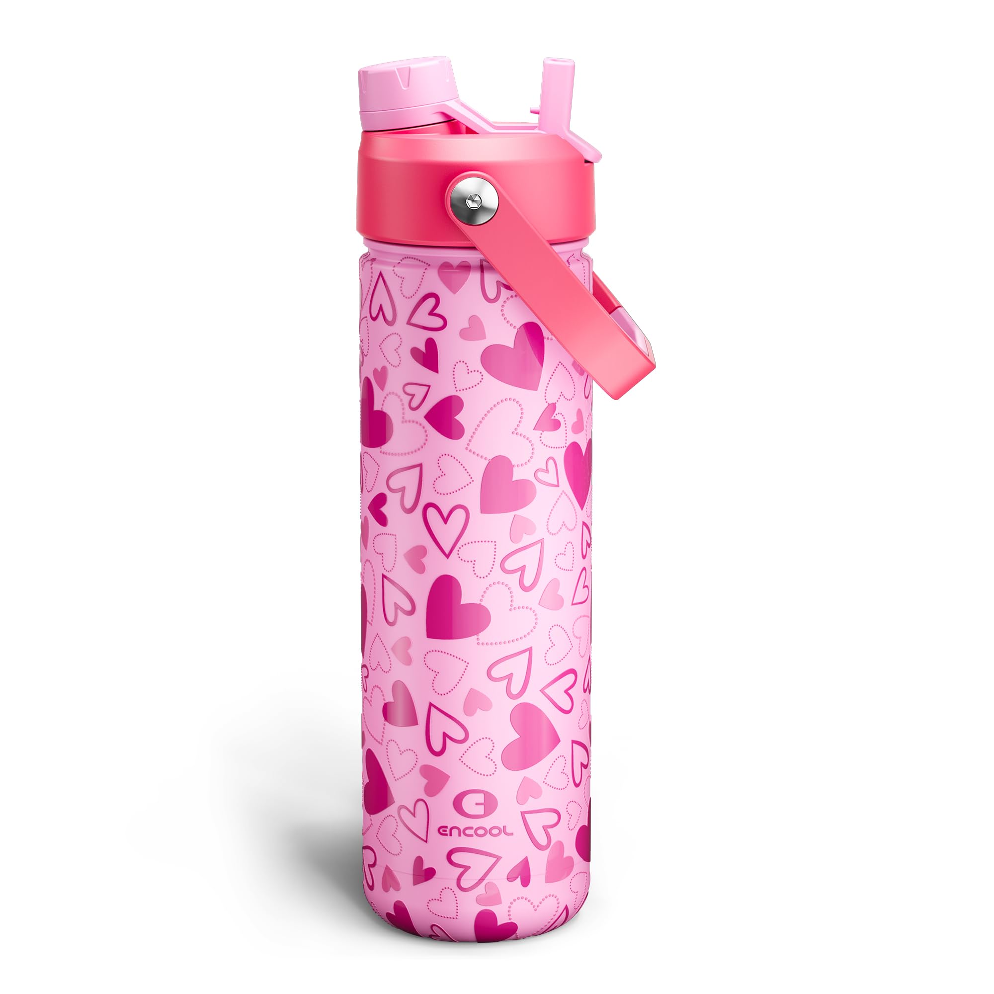 ENCOOL Insulated Water Bottle with Straw Stainless Steel Water Bottle, Leak-Proof, BPA-Free, Keeps Cold for 24 Hours for Sports, Travel, School (26 oz, Sweet Hearts Pink x Pink)