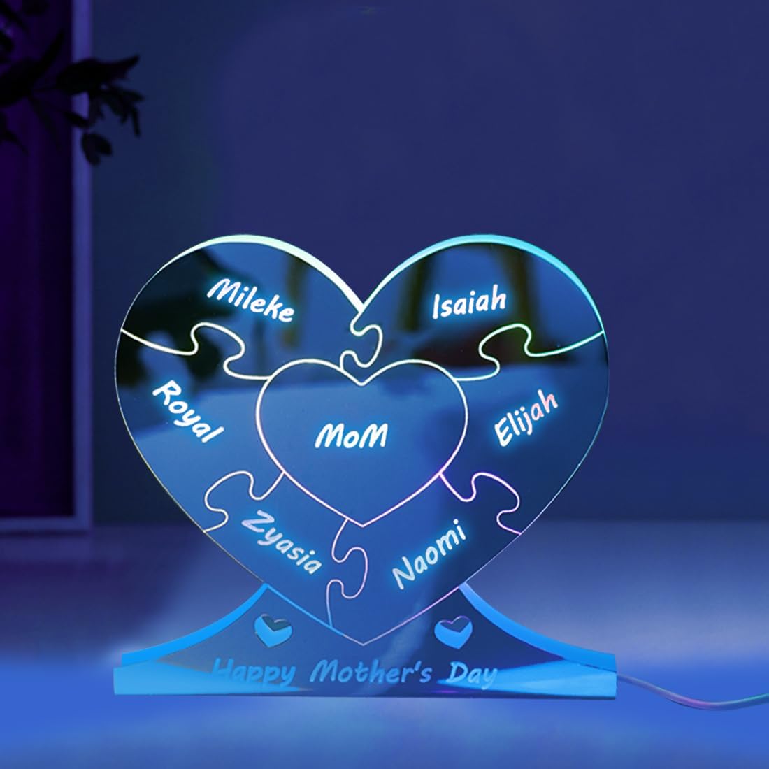 Custom Mothers Day Heart Mirror Puzzle Lamp, Personalized Mom Puzzle Mirror Light, Puzzle Mirror with Family Name Puzzle Funny Puzzle Sign for Home Decor Mothers Day Puzzle Piece Gift for MOM Grandma