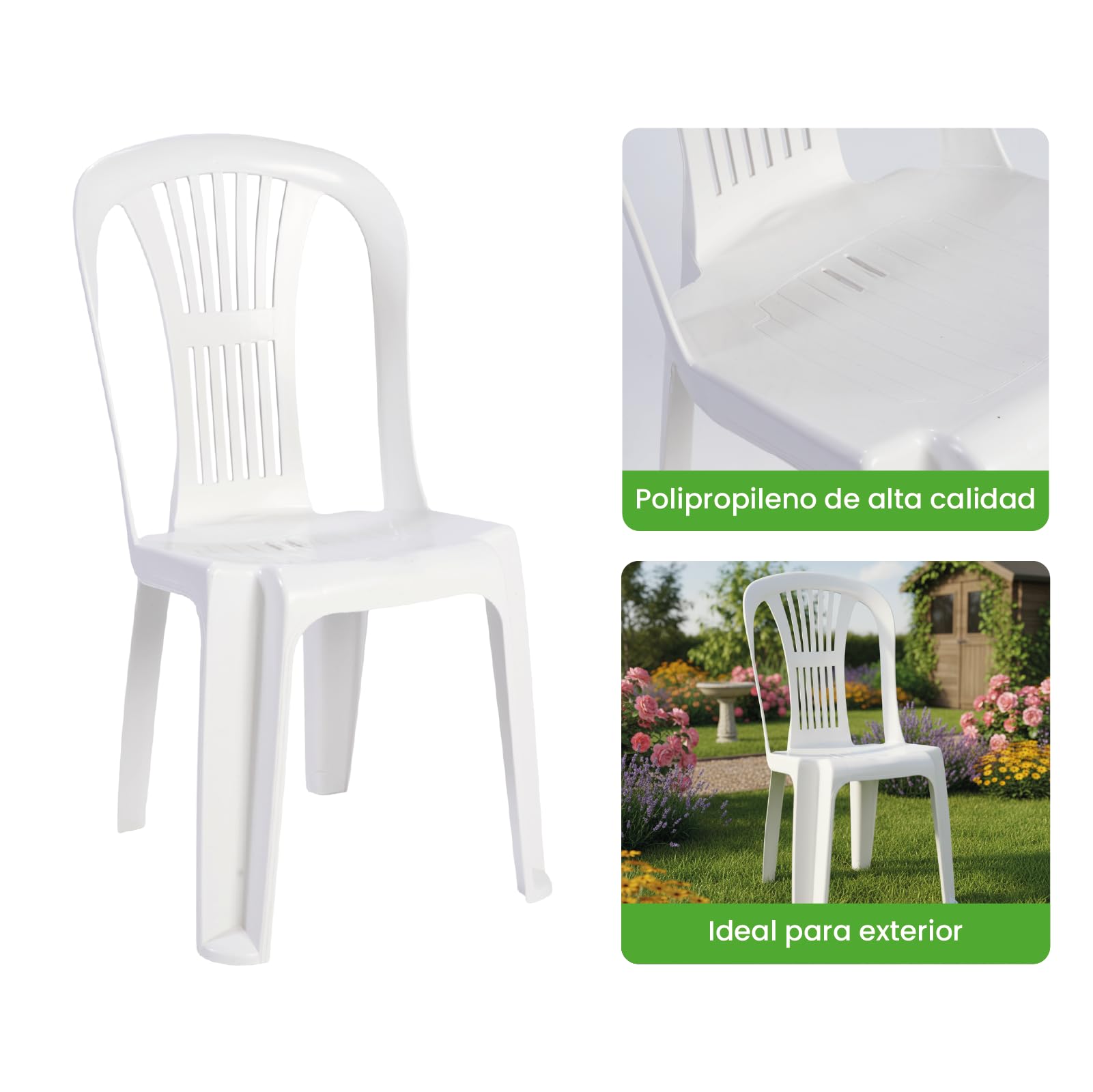 Pack 4 Silla Alta de Plástico Apilable sin Reposabrazos para Catering, Jardín, Terraza y Playa, Ergonómica de PVC, Cómoda, Resistente para Exterior. Fácil de Transportar
