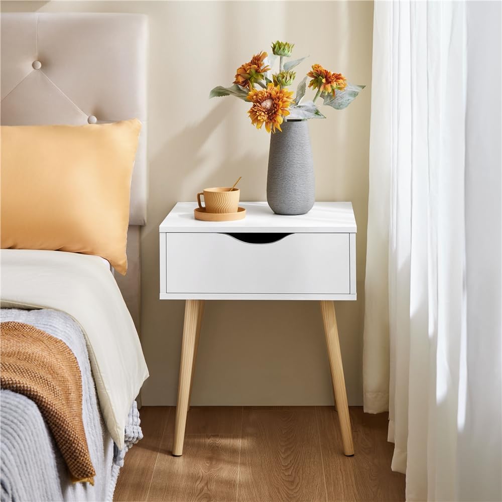 Yaheetech 2pcs Mesillas de Noche con 1 Cajón Mesitas de Noche | para Dormitorio Mesa Auxiliar de Madera para Sala de Estar Blanco 48,5×41×57,5 cm