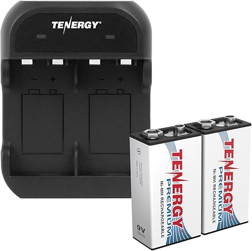 Tenergy TN141 Cargador inteligente de 2 bahías 9V con 2 paquetes de baterías recargables Premium 9V NiMH 250mAh