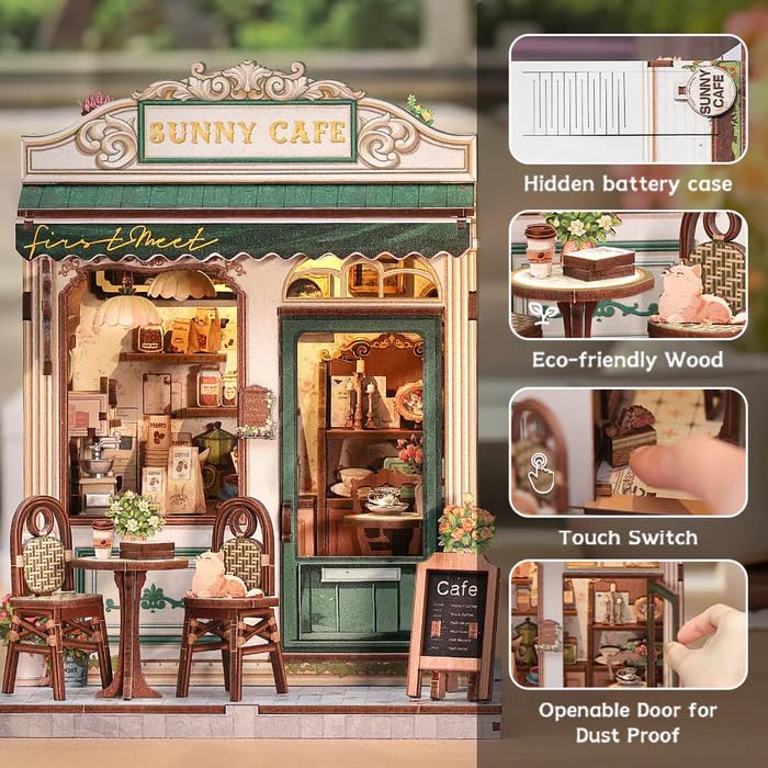 Image of Sunny Cafe Book Nook Kit with LED Light, DIY Miniature Cafe House Bookshelf Decor, 3D Wooden Puzzle Dollhouse for Adults, Teens & Beginners, Cozy Coffee Shop Gift (233 Parts)