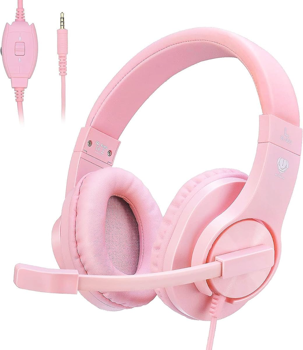 Auriculares para juegos para Xbox One, PS4, PS5, Nintendo Switch, sonido envolvente de graves y cancelación de ruido, auriculares supraaurales de 3,5 mm con micrófono para computadora portátil, teléfonos inteligentes, rosa