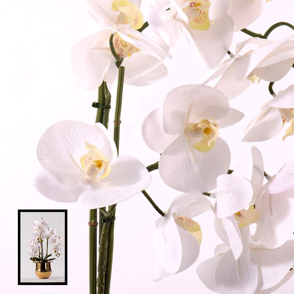 Sztuczne kwiaty w doniczce, sztuczne jedwabne białe kwiaty Phalaenopsis w złotym wazonie, bukiety orchidei na wesele, wystrój wnętrz i na zewnątrz, sztuczne kompozycje kwiatow,