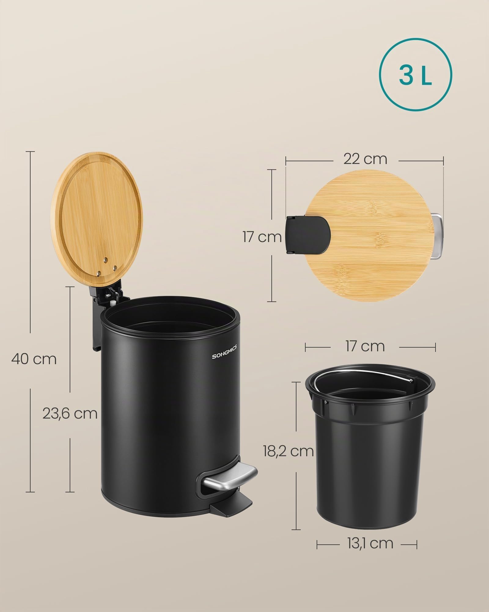 SONGMICS Papelera Pequeña, Cubo de Basura con Tapa de Bambú, Pedal de Metal, Cubo Interior Extraíble, Cierre Suave, para Baño, 3 L, Negro Tinta LTB113BZ01