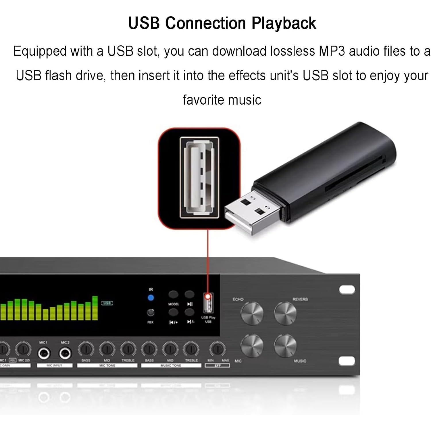Ecualizador de espectro de 15 bandas, procesador de efectos digital de preamplificación, con pantalla LCD, mando a distancia, función anti-aullidos, capacidad de reproducción USB/Bluetooth, procesador