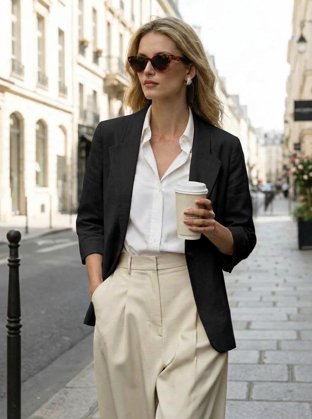 IDEALSANXUN - Blazer de lino para mujer, manga 3/4, ligero, para primavera y verano