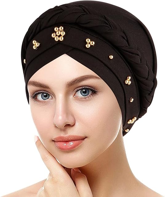 Cotton Hijab for Womens UK Beading Pearl Braid Turban Hat Head Scarf Cancer Chemo Beanies Bandana Headwrap Caps