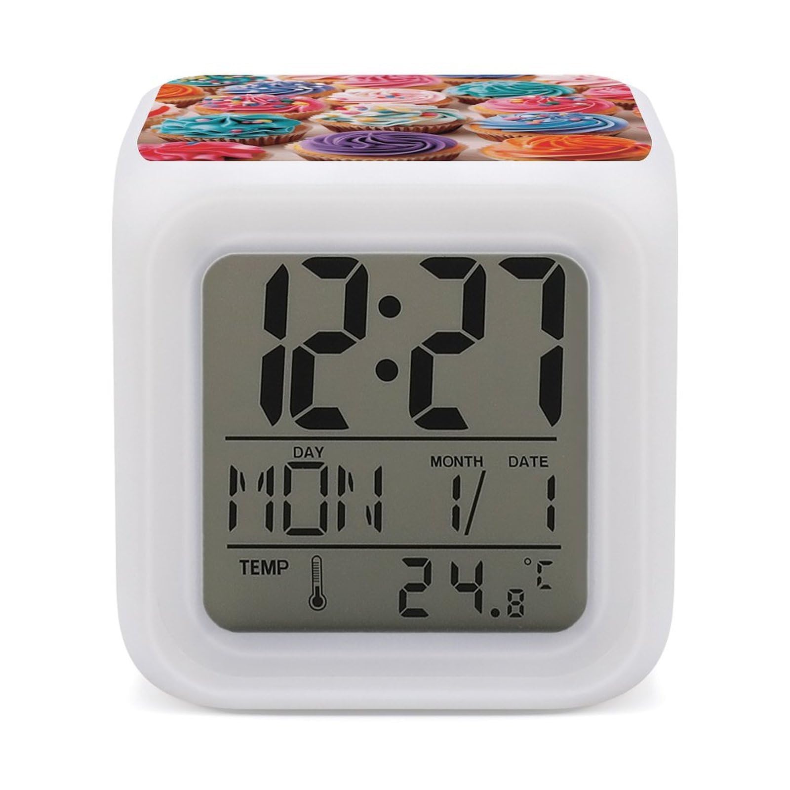 JTREHY Birthday Cupcakes Alarm Clock Seven Color Night Light Digital Clock Precision Reliable Alarms Clocks for Bedroom Heavy Sleepers Adults Gift for Men and Women