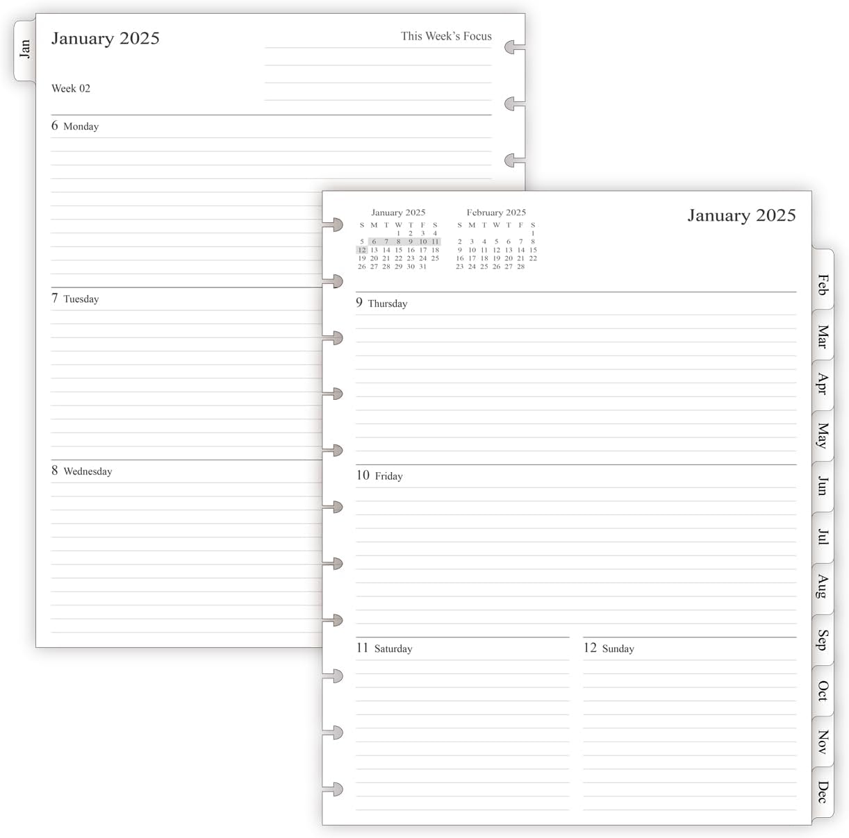 2025 Weekly Planner Refills for 11-Discbound Notebooks, Monthly Tabs, 11-Disc Punches, Letter Size, 8-1/2″ x 11″