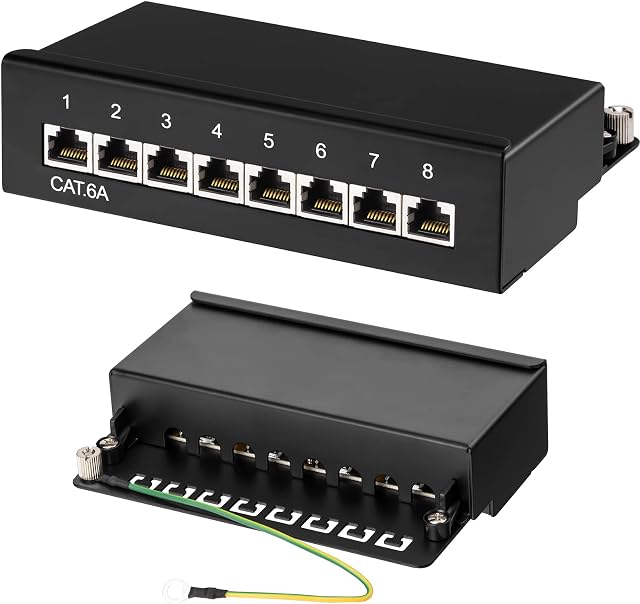 HB-DIGITAL 8-Port Cat 6a LSA Patch Panel, shielded, black distribution panel Cat.6a (500 MHz) Desktop (table) & wall mounting 8X RJ45 socket Professional, TIA568A or TIA568B grounding cable