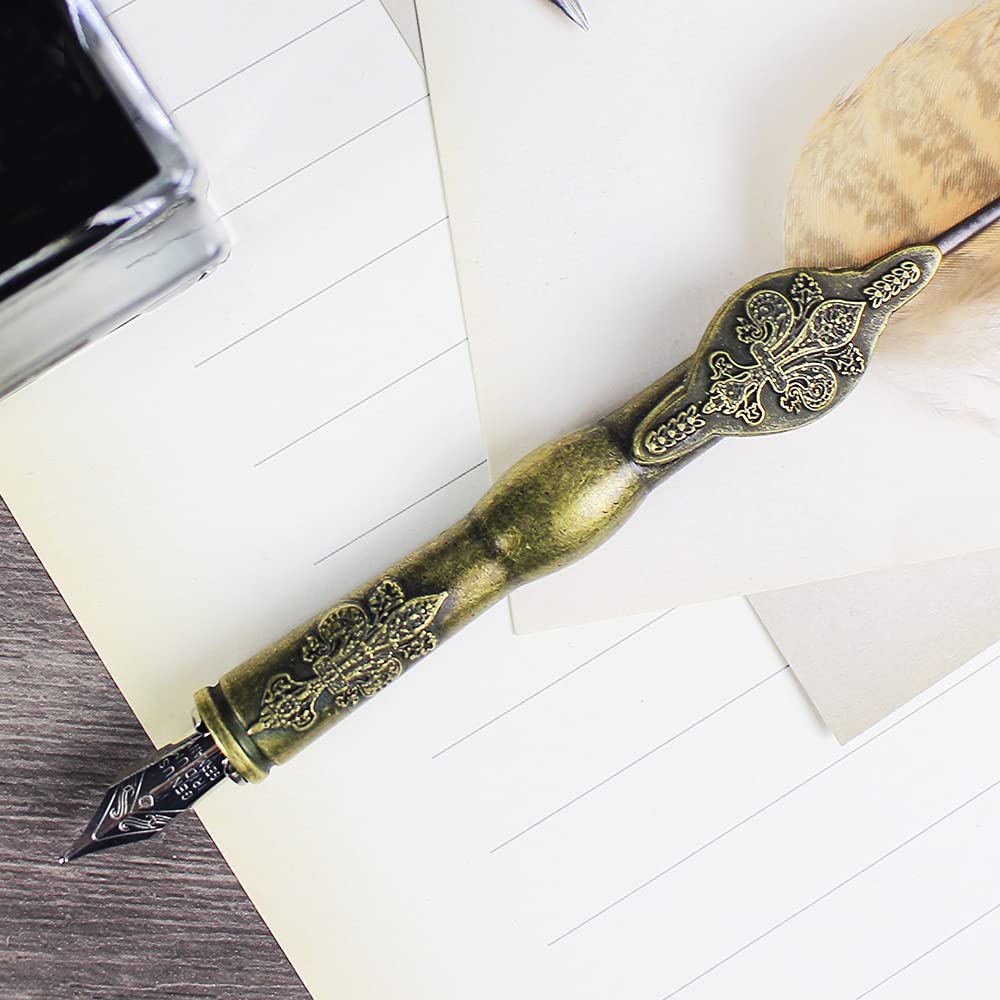 NOPOINO Vintage Federkiel-Stift Set – Mit 7 Federn, Tinte, Wachssiegel & Holzstift, Geschenk Für Kalligrafie-Fans