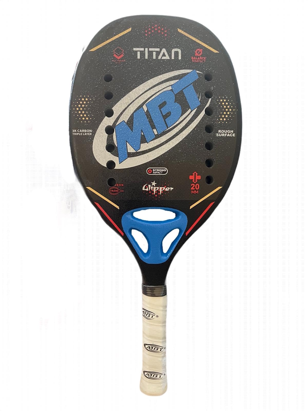 MBT TITAN BLUE, Racchetta Beach Tennis Carbonio 3K - Trattamento Glipper - Eva High Power – Leggera e Bilanciata – Profilo 20 mm - Custodia inclusa - Racchettone da mare, spiaggia