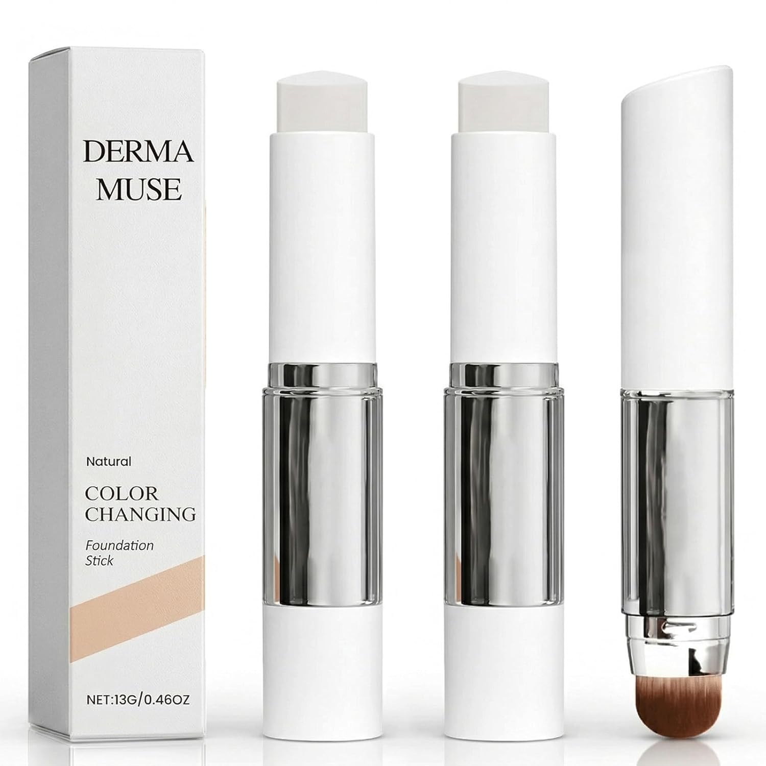 Derma Muse Korean Color Changing Foundation, 2 in 1 Color Changing Foundation Stick, Concealer Foundation Sticks for Dewy Skin, Dual-Ended with Detachable Brush, Natural (2PCS)