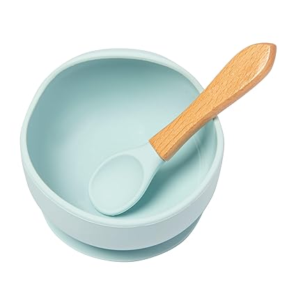 BabyMoo Silicone Unbreakable Bowl & Wood Handle Spoon for Baby Feeding, Suction Design for Toddler, Non-Slip, Non-Toxic, BPA Free, Dishwasher and Microwave Safe - Mint Green- 1 Set