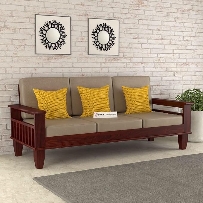 Image of Sheesham Wooden 3 Seater Sofa for Living Room | Rosewood 3 Seater Cushion Sofa with Side Newspaper Holder for Home & Office | Solid Wood Sofa Set for Lounge (Mahogany)