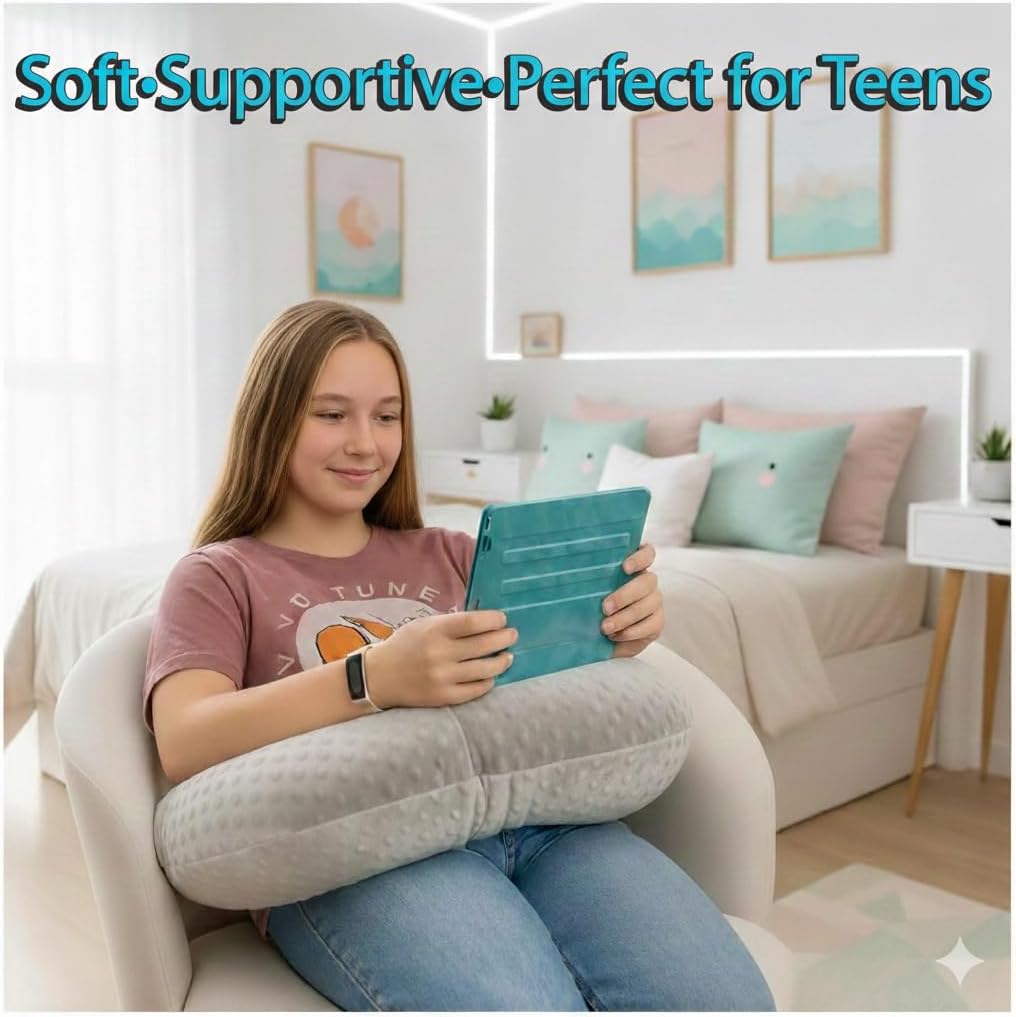 Gaming Pillow for Lap and Arm Rest Support – Crochet Reading Cushion with Arms, Bed Rest & Couch Back Support for Adults, Grey