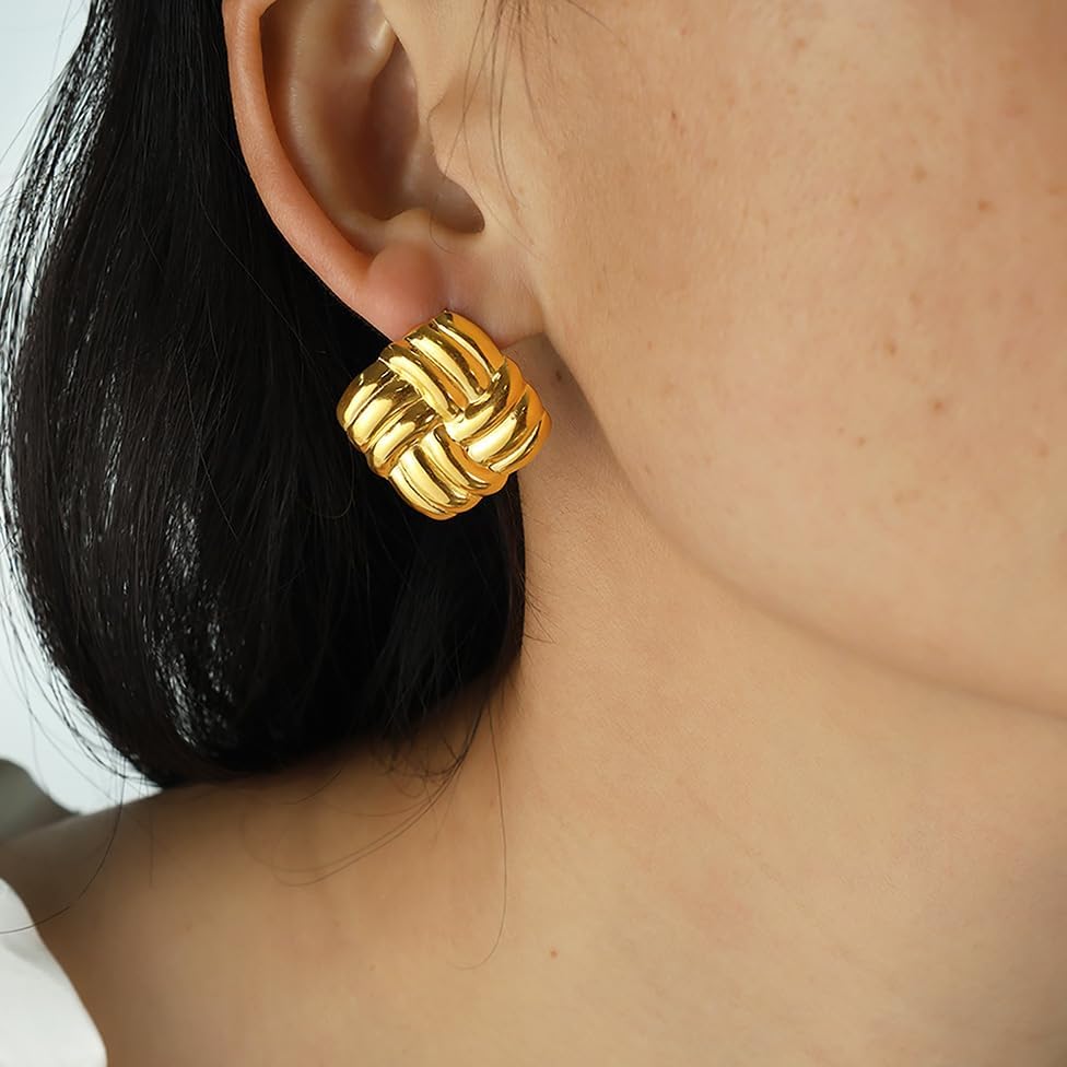 14k Gold Geometric Stud Earrings for Women Stainless Steel Chunky Square Round Statement Earring Women Jewelry Trendy - Image 2